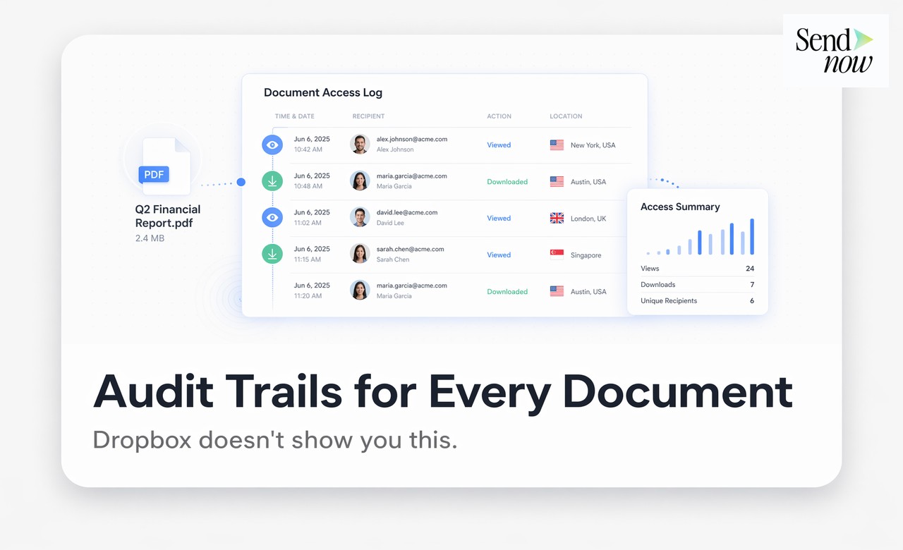 Document tracking platform showing visitor analytics, page-by-page engagement, and access timeline