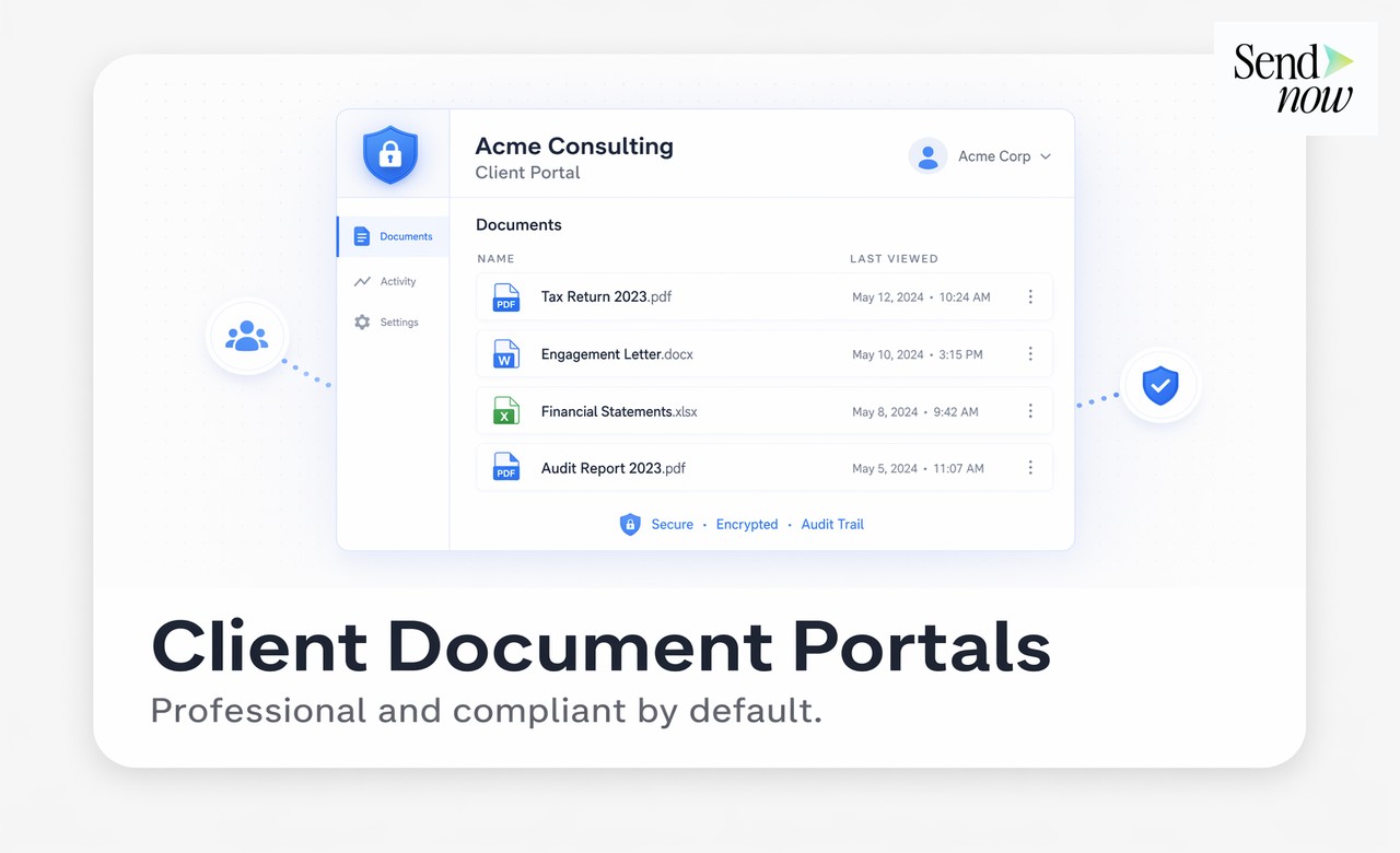 SendNow branded client portal showing customised document sharing experience for a financial advisory firm