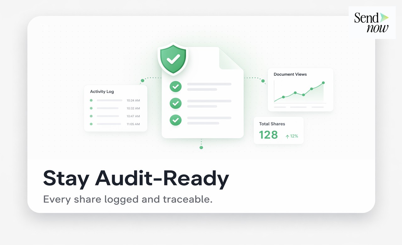 Client-facing SendNow document with NDA gate and branded professional interface