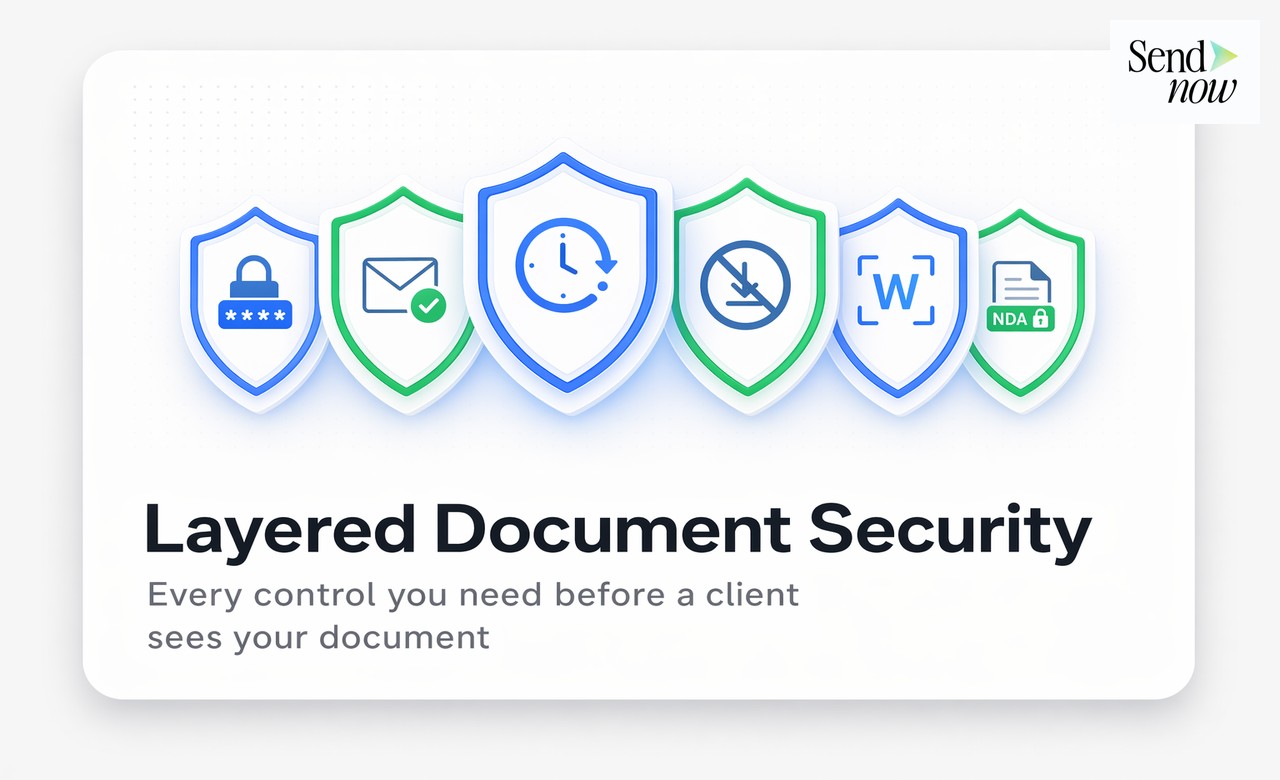 UI — stacked security shields for password, email verify, expiry, download block, watermark, NDA