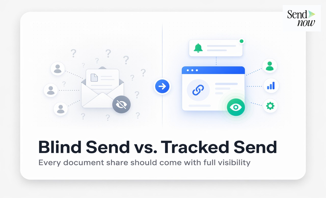 UI — split screen showing blind email with question marks vs tracked link with analytics and open alert