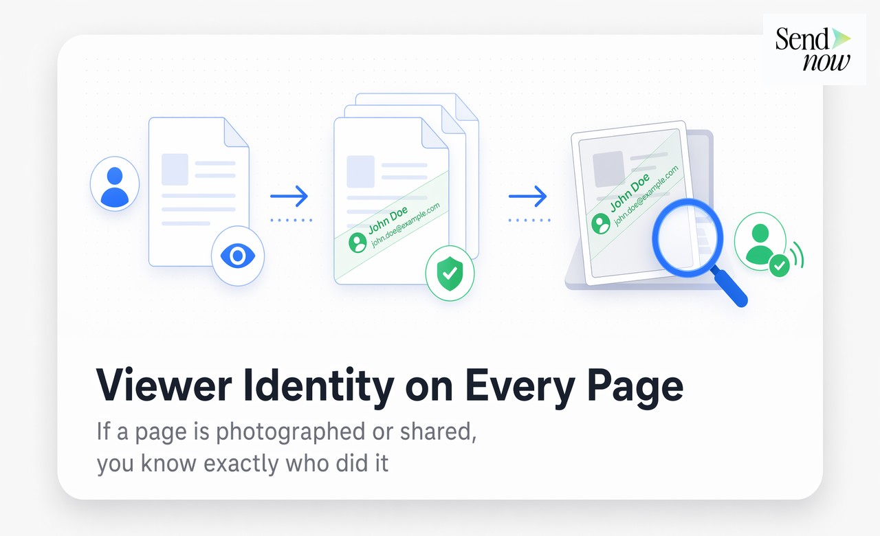 Diagramma di flusso del sistema di filigrana: il visualizzatore apre il documento, l'identità appare su ogni pagina