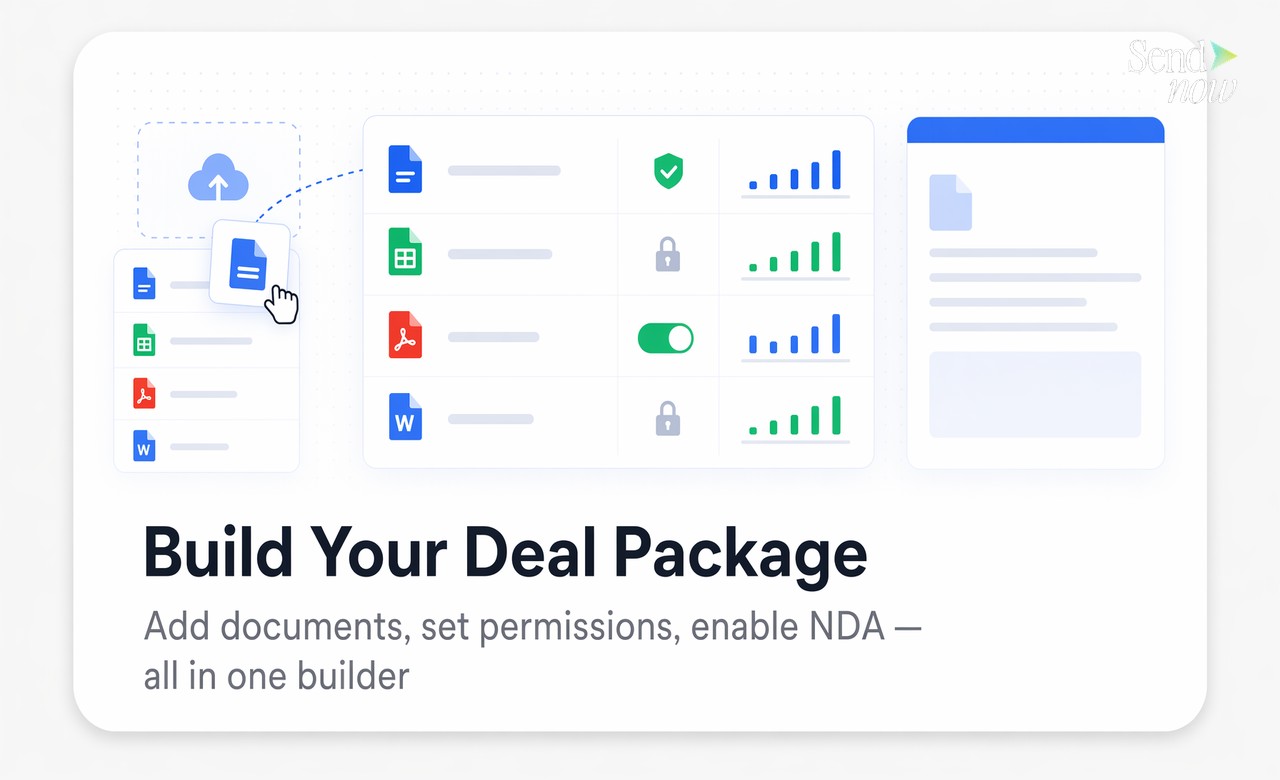 Build Your Deal Package — Add documents, set permissions, enable NDA — all in one builder