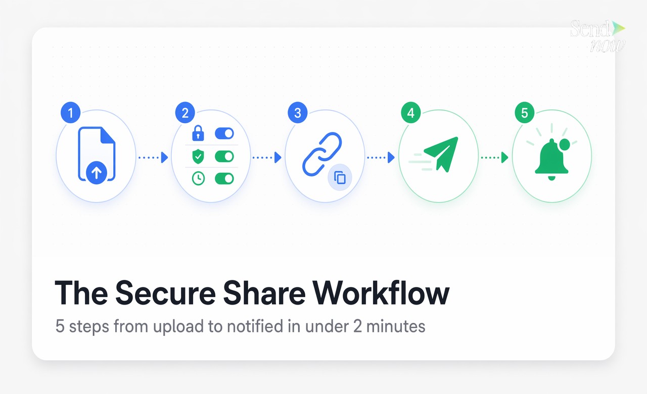 The Secure Share Workflow — 5 steps from upload to notified in under 2 minutes