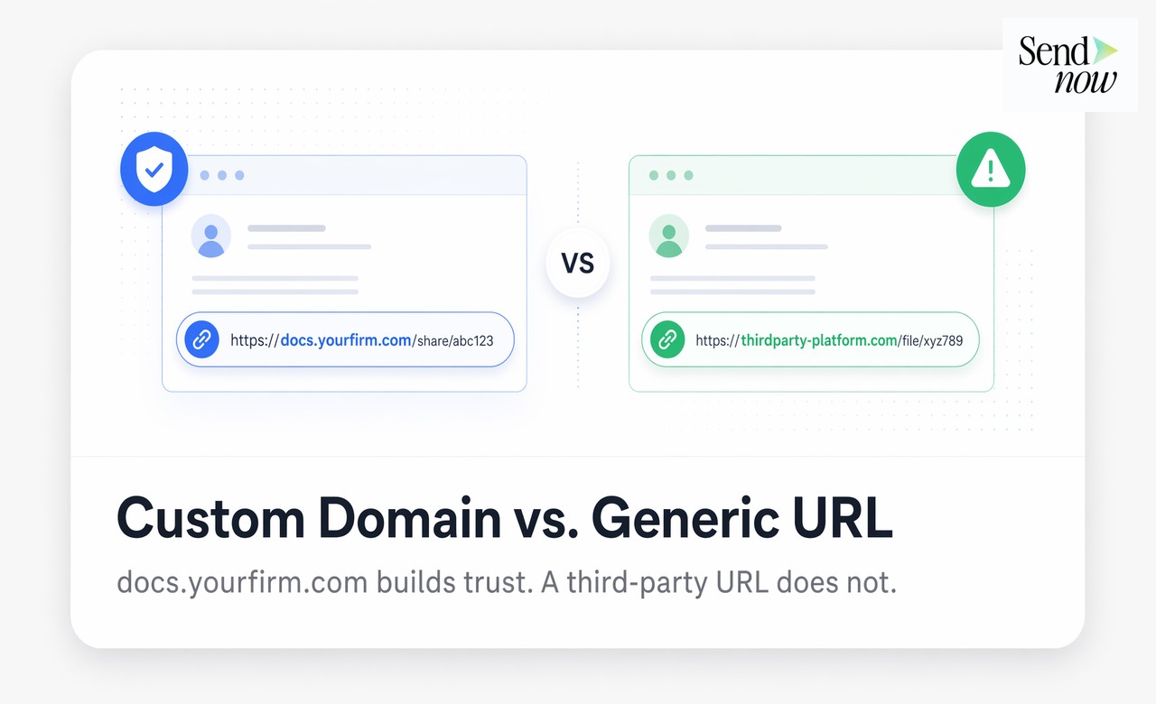 Side-by-side comparison: branded custom domain link vs generic third-party URL