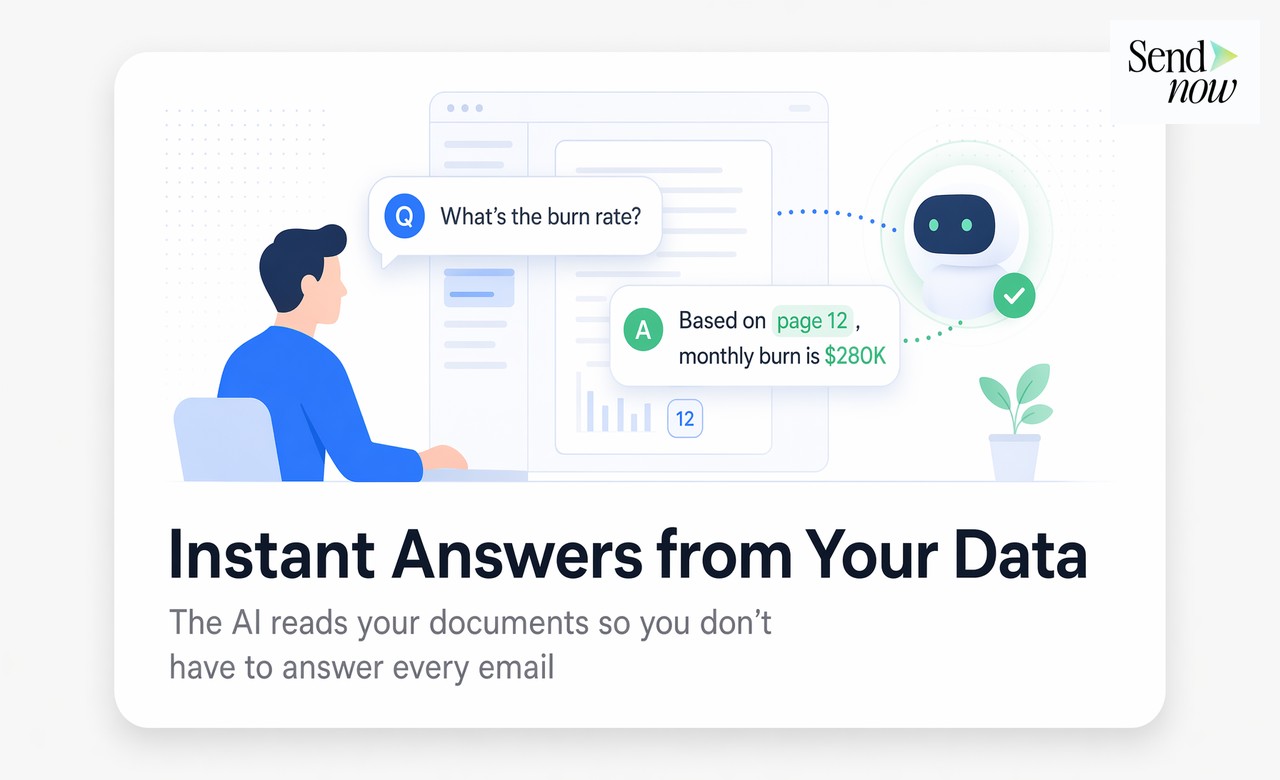 Instant Answers from Your Data — investor chatting with AI inside a SendNow data room