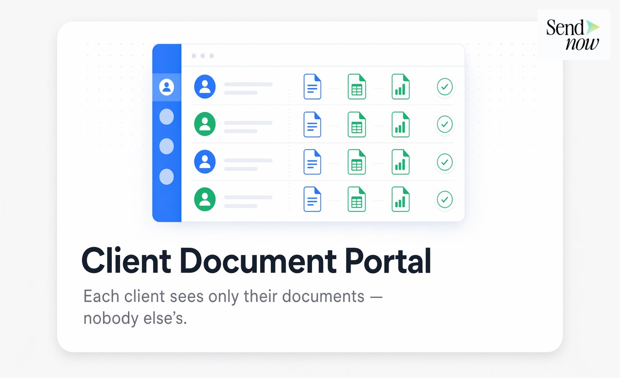 Client Document Portal — accounting document portal showing client list with document types and email verification