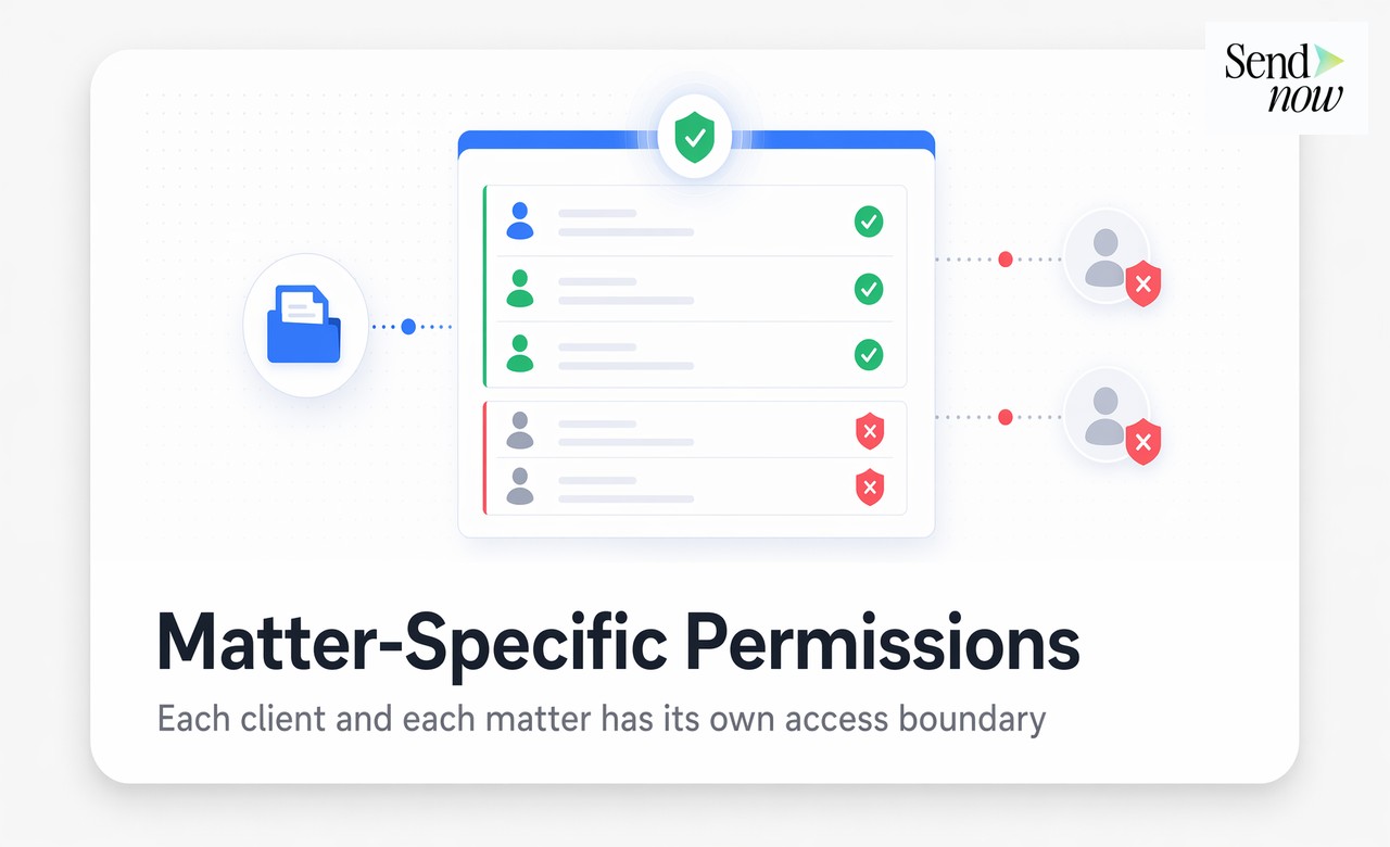 Matter-Specific Permissions — access panel showing only named authorised parties per legal matter