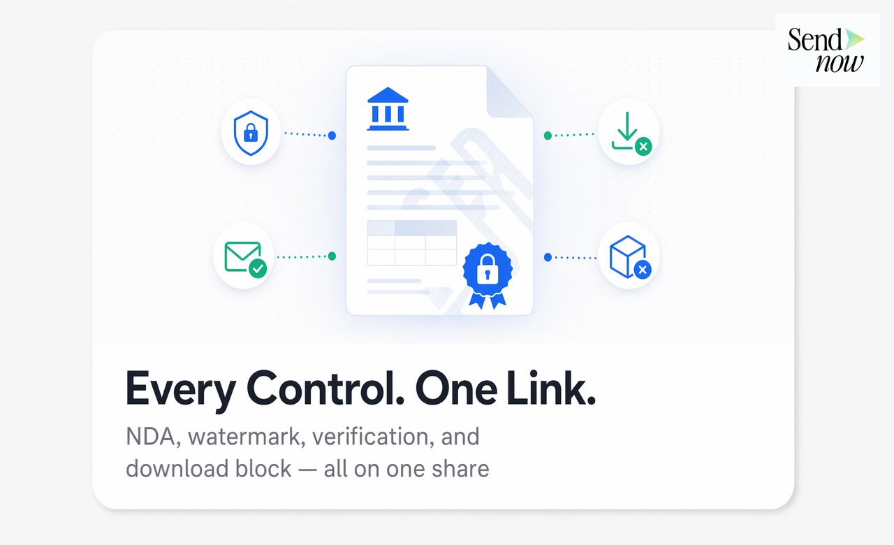 Chaque Contrôle. Un Lien. — contrôle NDA, filigrane dynamique, vérification par e-mail et blocage de téléchargement tous actifs sur un partage