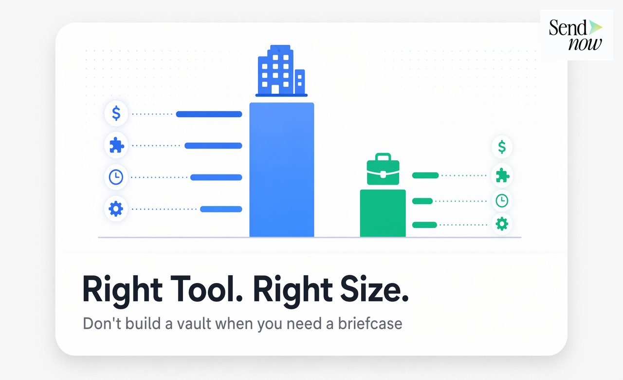 Right Tool. Right Size. — cost and complexity comparison bar chart showing enterprise data room vs SendNow microsite