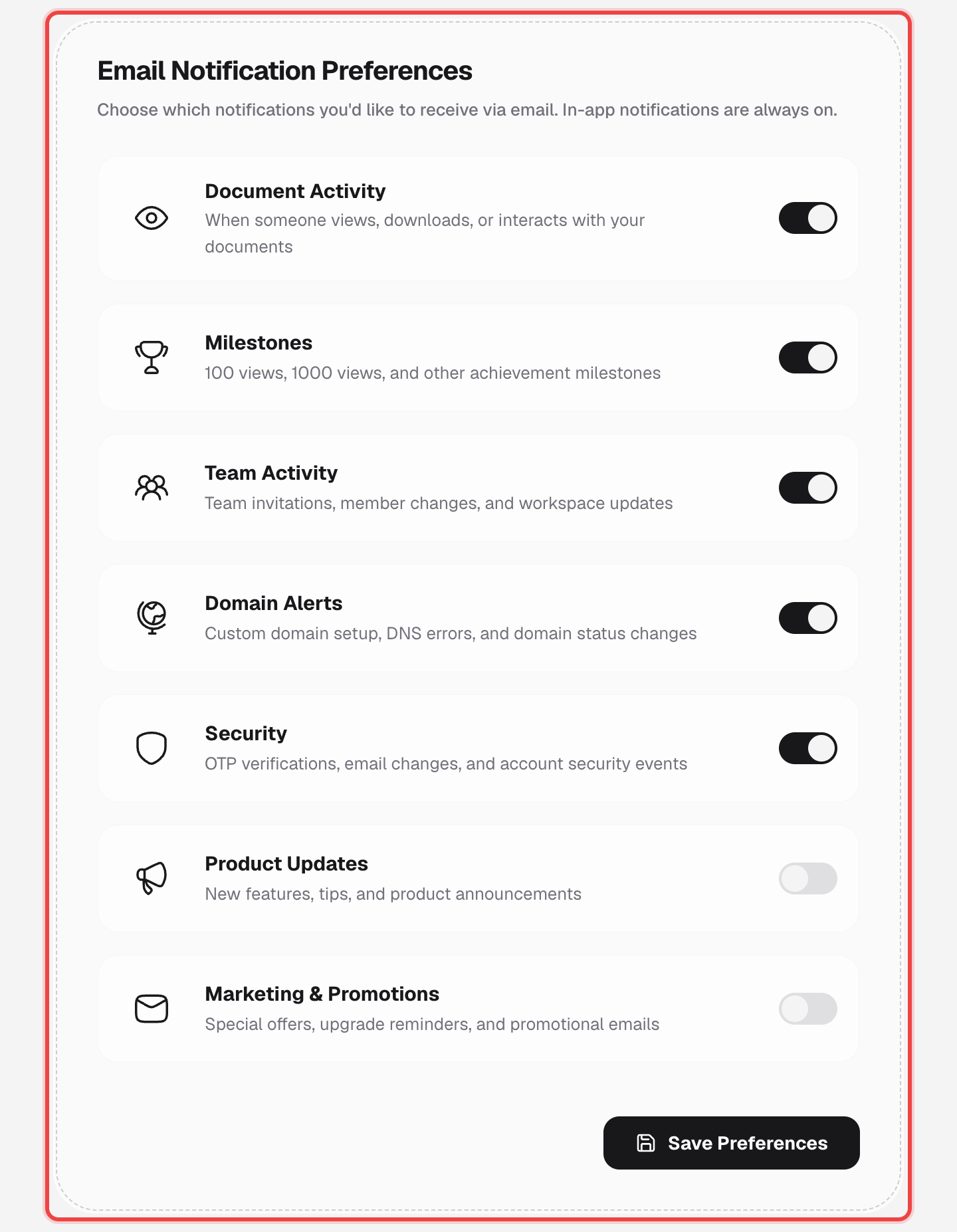 Email Notification Preferences card with seven category rows, each with its own switch