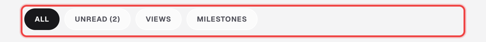 Notification filter pills: All, Unread, Views, Milestones