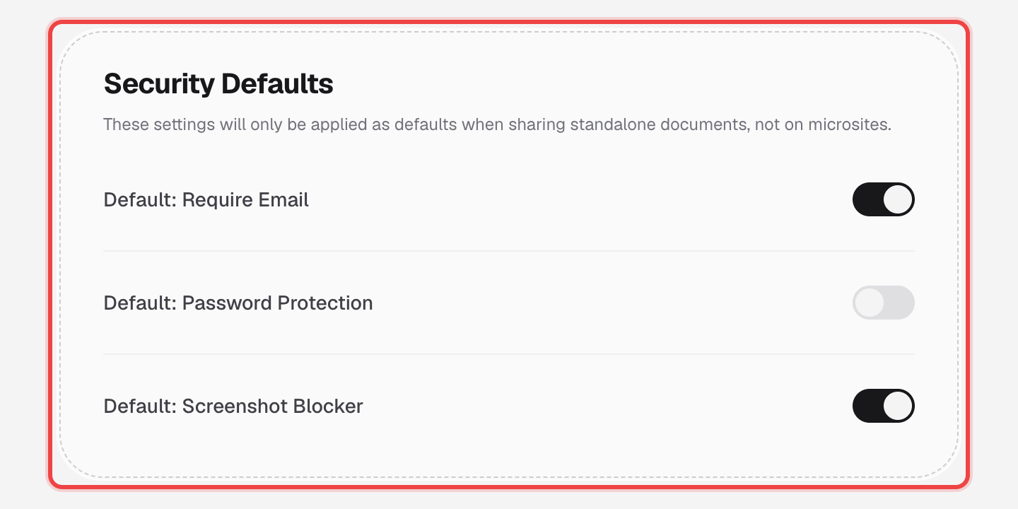 Security Defaults card with Require Email and Screenshot Blocker turned on