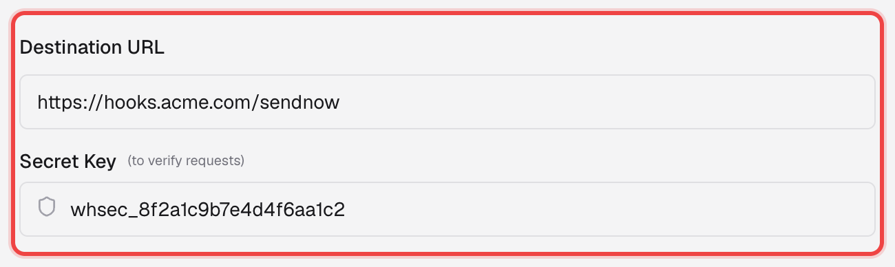 Add Webhook dialog with Destination URL and Secret Key fields filled in