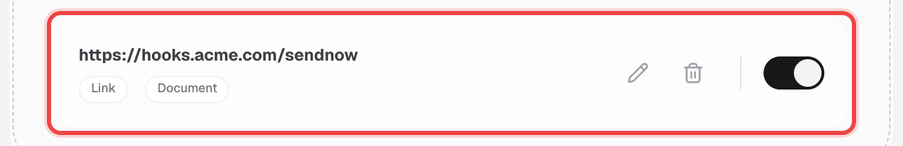 A saved webhook row showing its URL, event tags, edit and delete buttons, and an active toggle