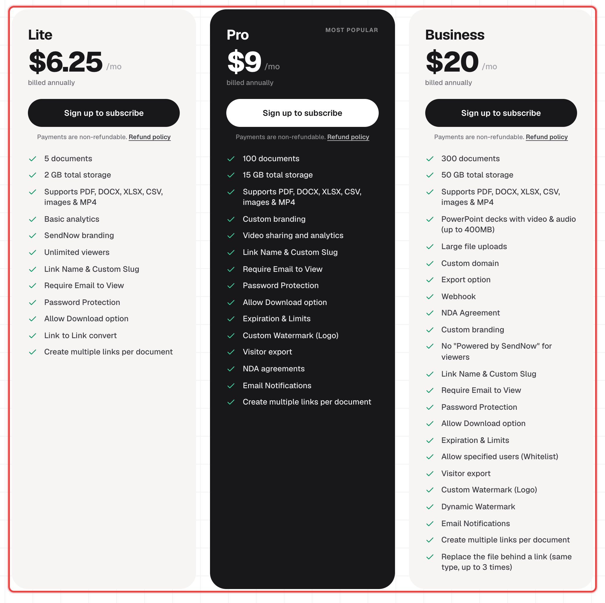 The three Document plan cards on the pricing page