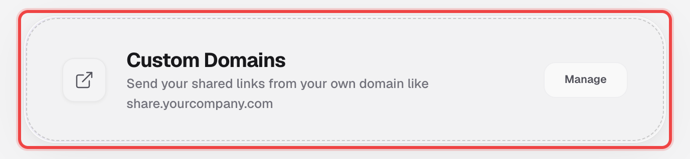 Custom Domains card in Settings → Integrations, with a Manage button