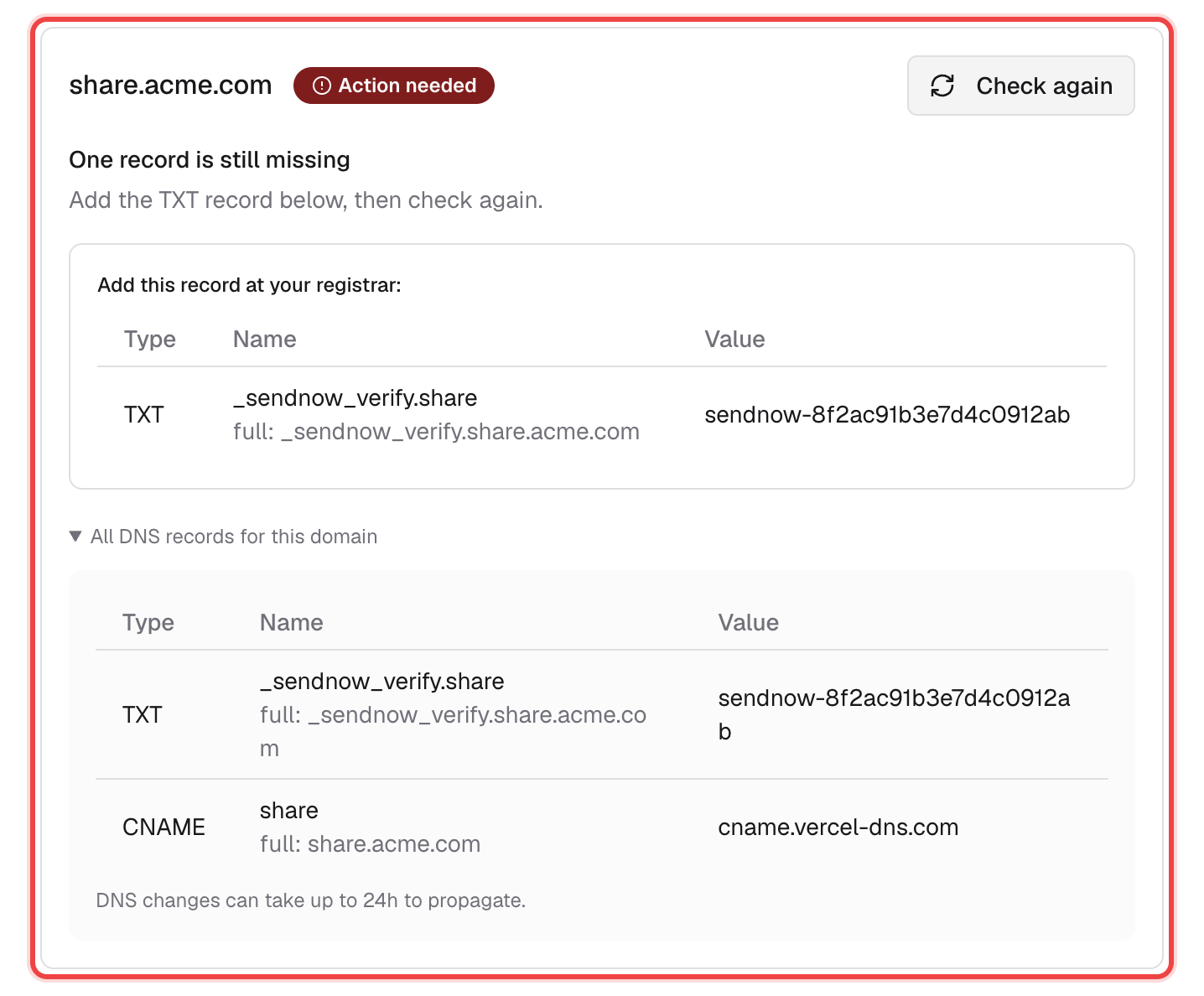 Domain row with an Action needed badge and the missing TXT record listed
