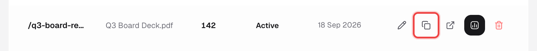 Copy icon highlighted in a link row's Actions column