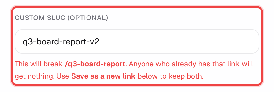 Custom Slug field changed, with a warning that saving as new keeps both links