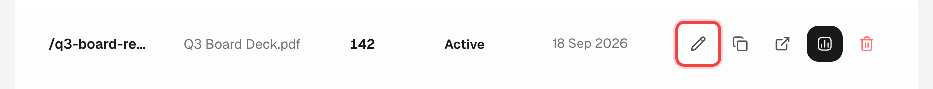 Pencil (edit) icon highlighted in a link row's Actions column