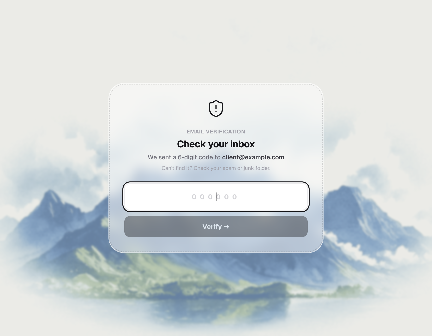 Visitor's email verification screen, asking for a 6-digit code