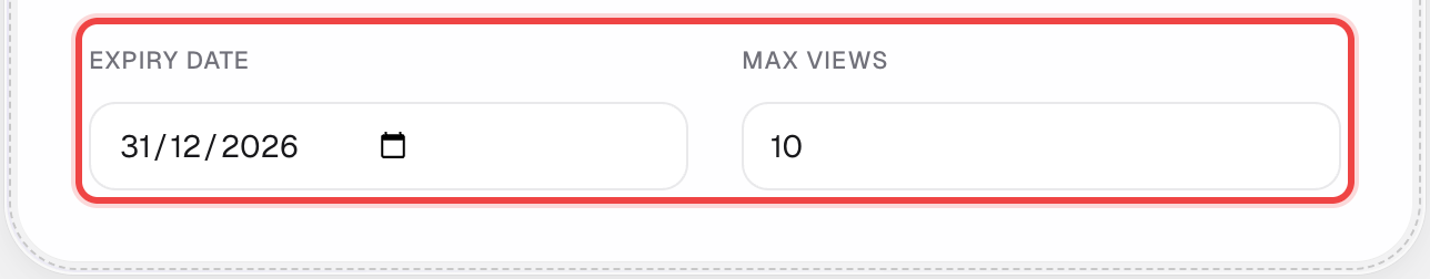 Expiration & Limits card with a date and a view count set