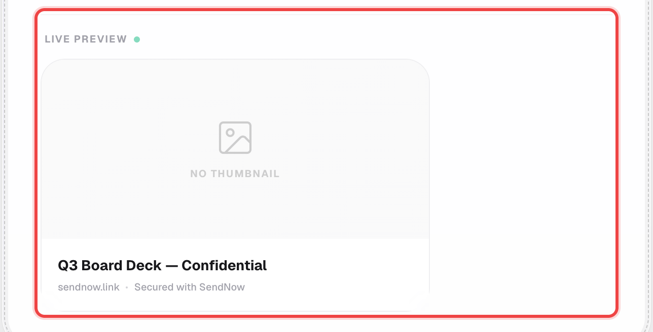 Live preview card showing the title and sendnow.link branding