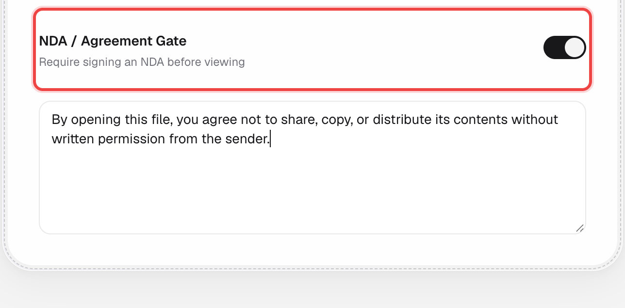 NDA text box with agreement text typed in