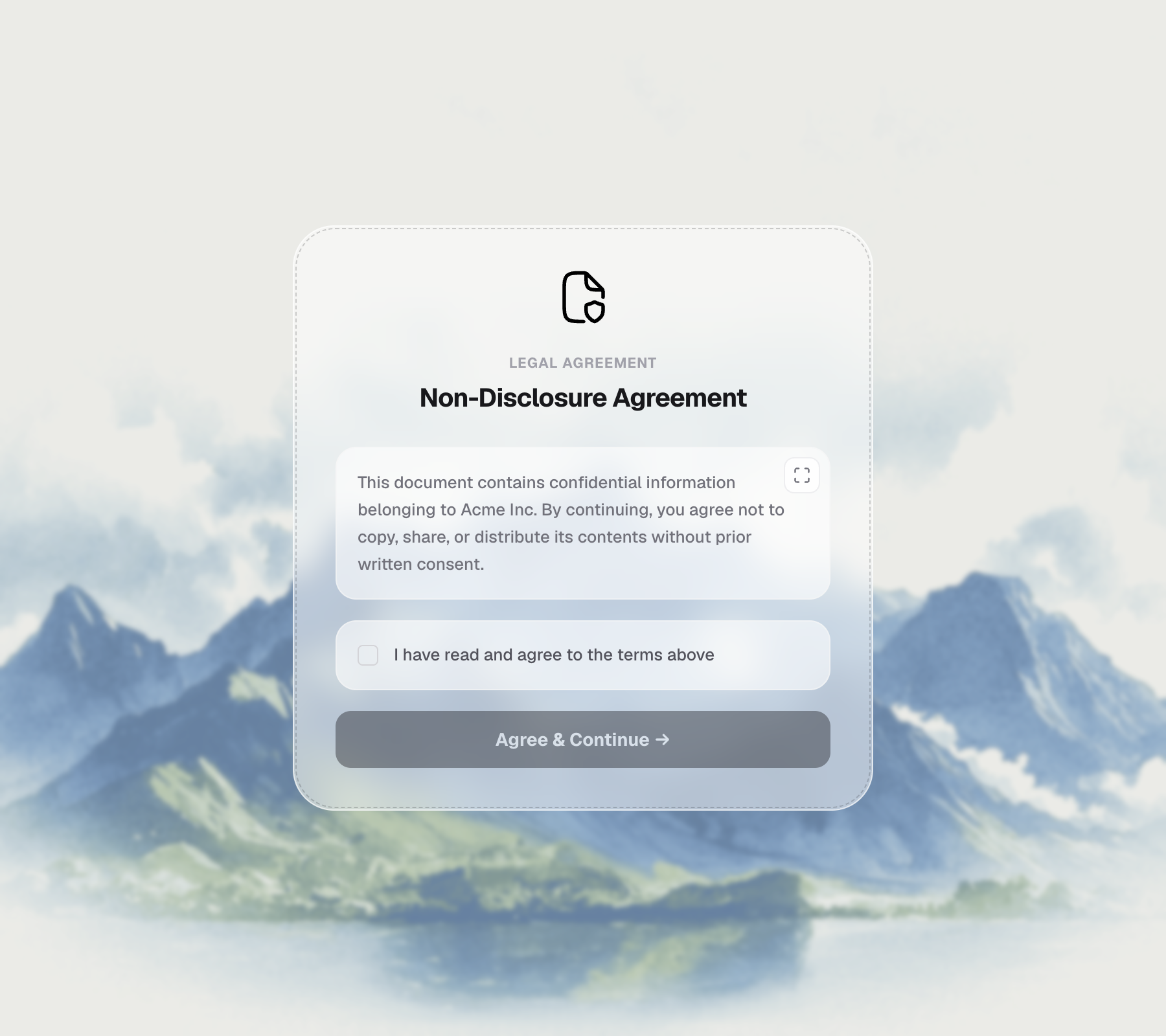 Visitor's NDA agreement screen with checkbox