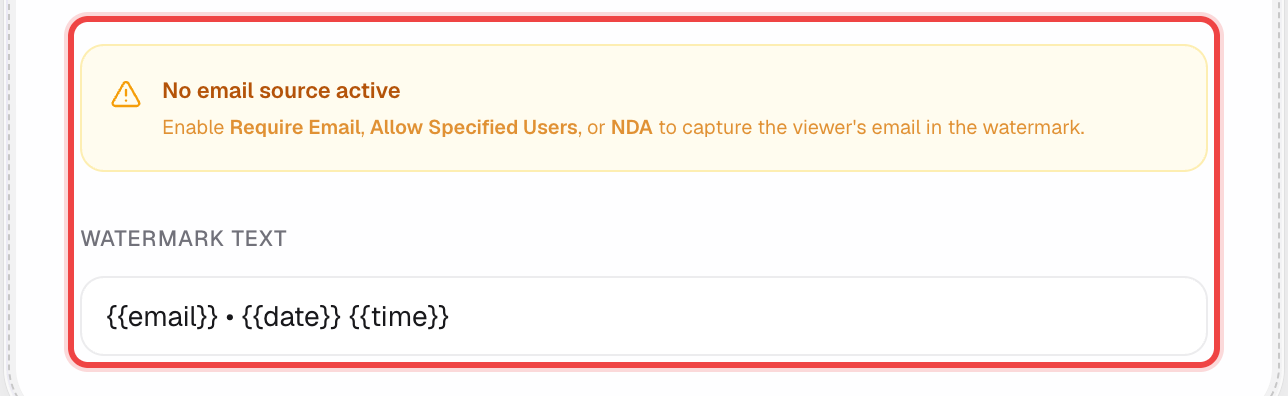 Dynamic Watermark expanded, with the email-source warning and watermark text field