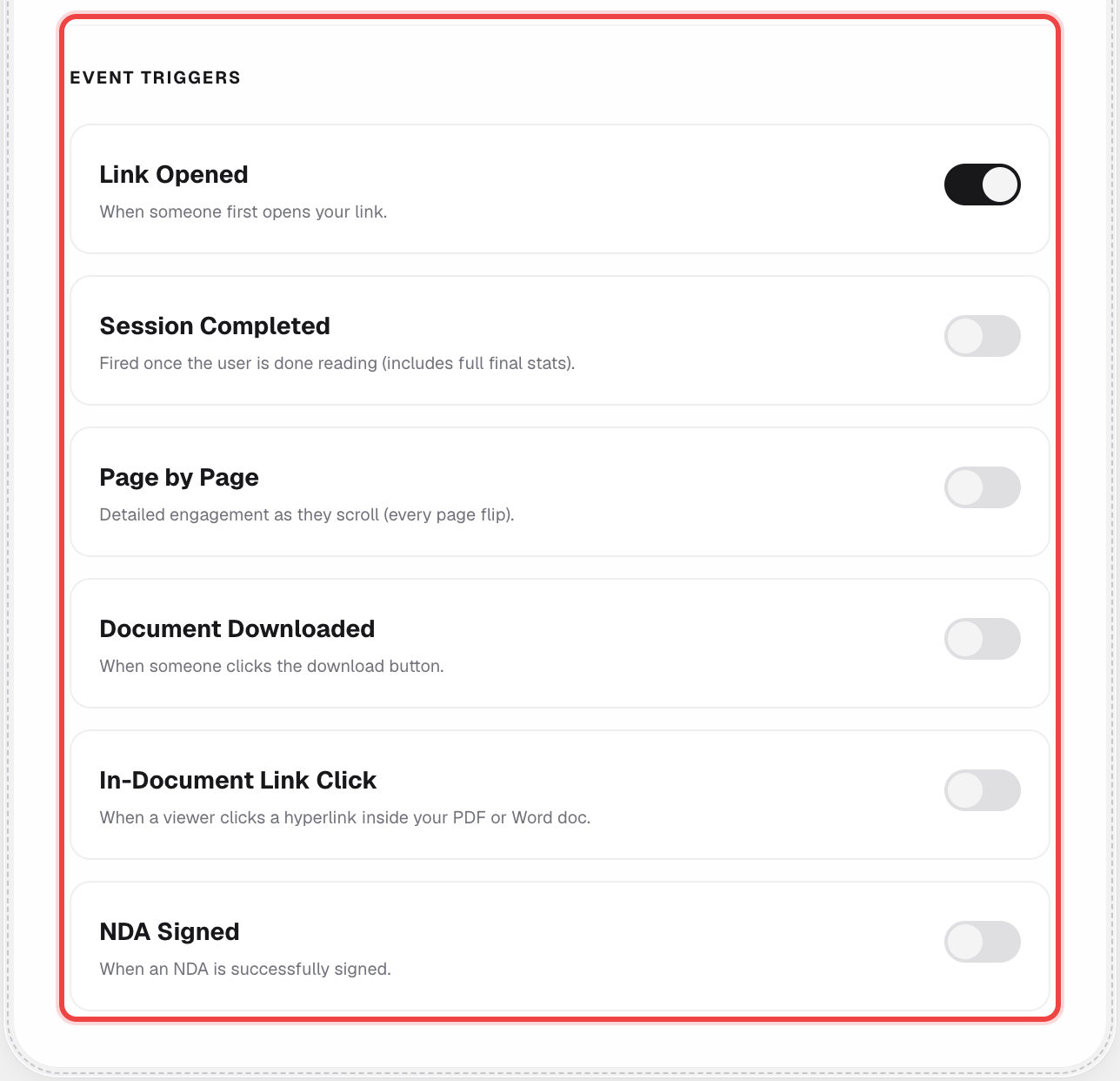 Event Triggers list: Link Opened, Session Completed, Page by Page, Document Downloaded, In-Document Link Click, NDA Signed