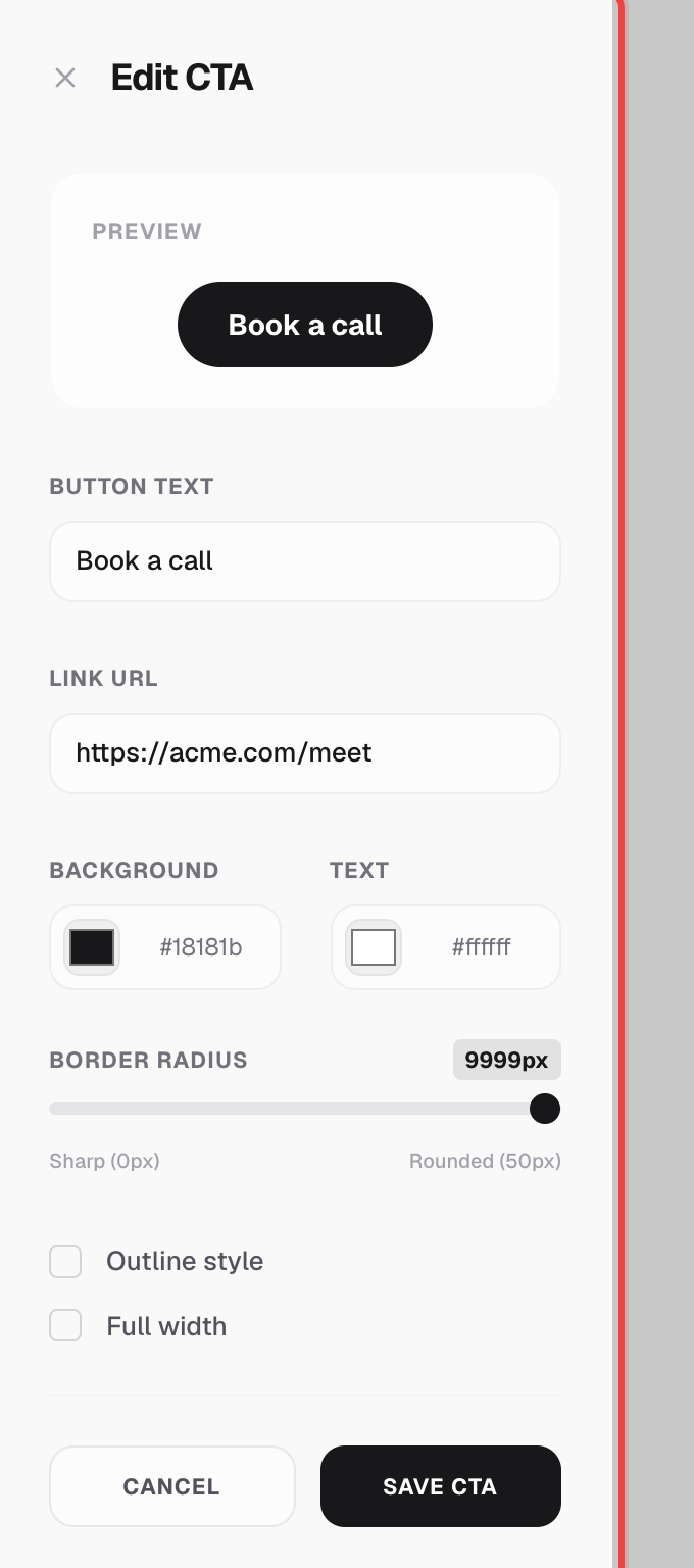 Edit CTA panel with button text, link URL, color pickers, and border radius slider