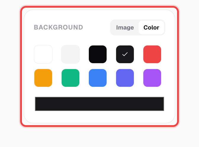 Background popover with Image and Color tabs and a swatch grid