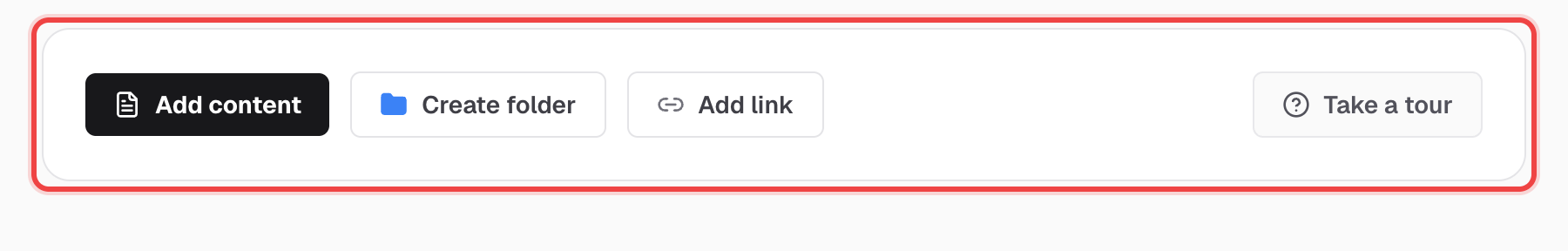 Add content, Create folder, and Add link buttons in the builder toolbar