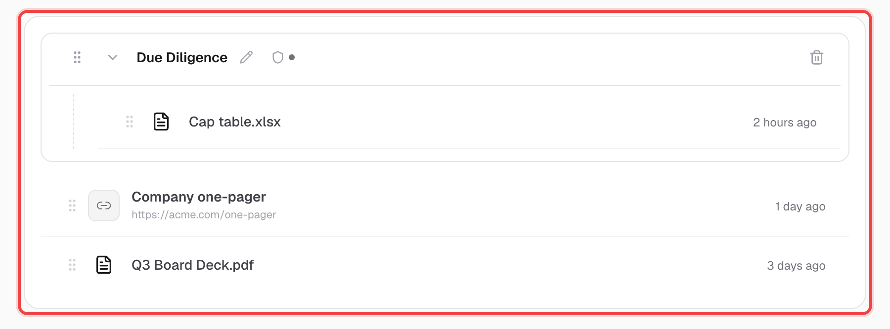 A folder containing a file, plus a standalone link and file below it
