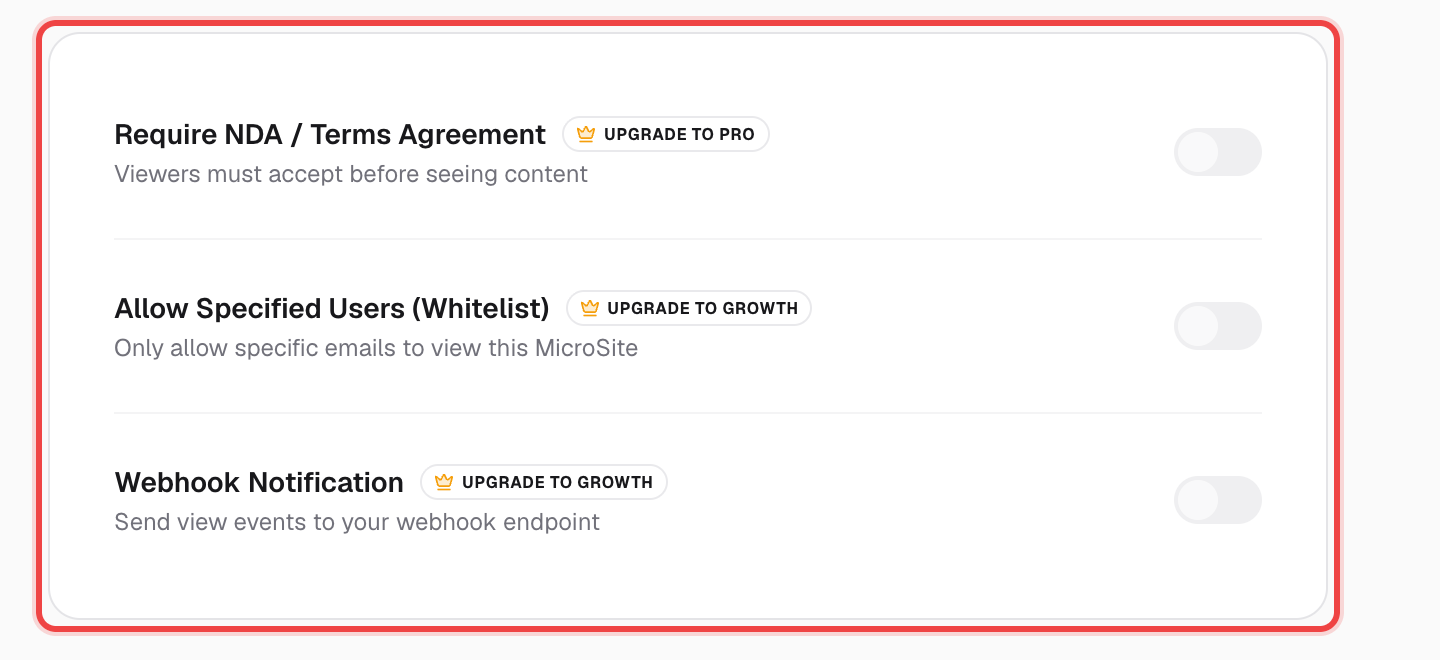 NDA, Whitelist, and Webhook rows each showing an Upgrade badge and a disabled switch