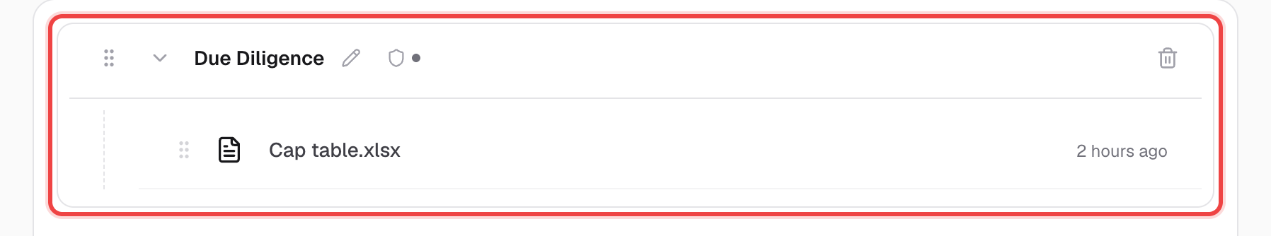 A folder row named Due Diligence, containing one file