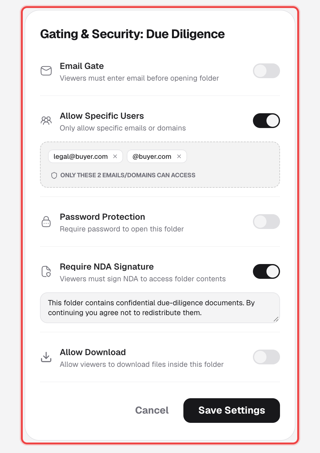 Gating and Security dialog for a folder, with Email Gate, Allow Specific Users, Password Protection, NDA, and Allow Download