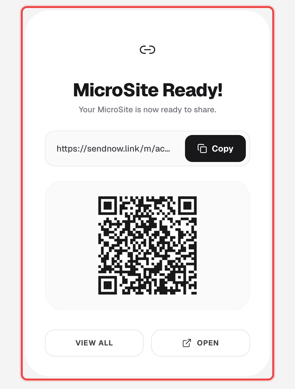 MicroSite Ready dialog with the link, a Copy button, and a QR code