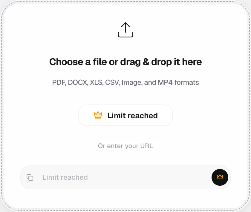 Upload card at the plan document limit, showing Limit reached