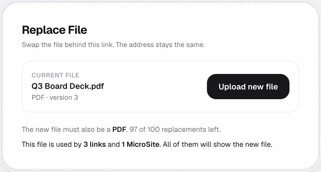 Replace File panel, with replacements remaining and other links using the file
