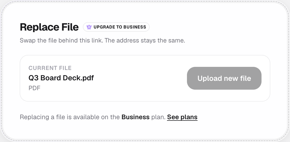 Replace File panel locked, with an Upgrade to Business badge
