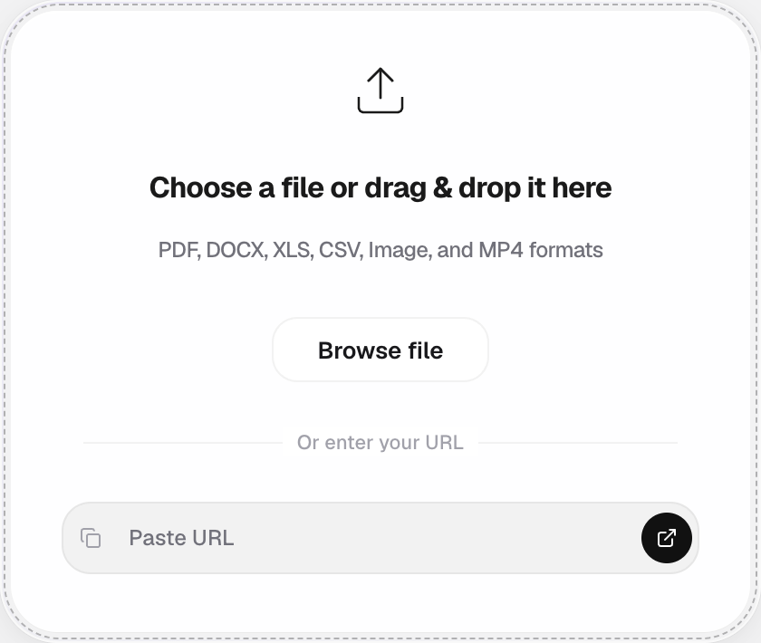 Upload card listing PDF, DOCX, XLS, CSV, Image, and MP4 formats