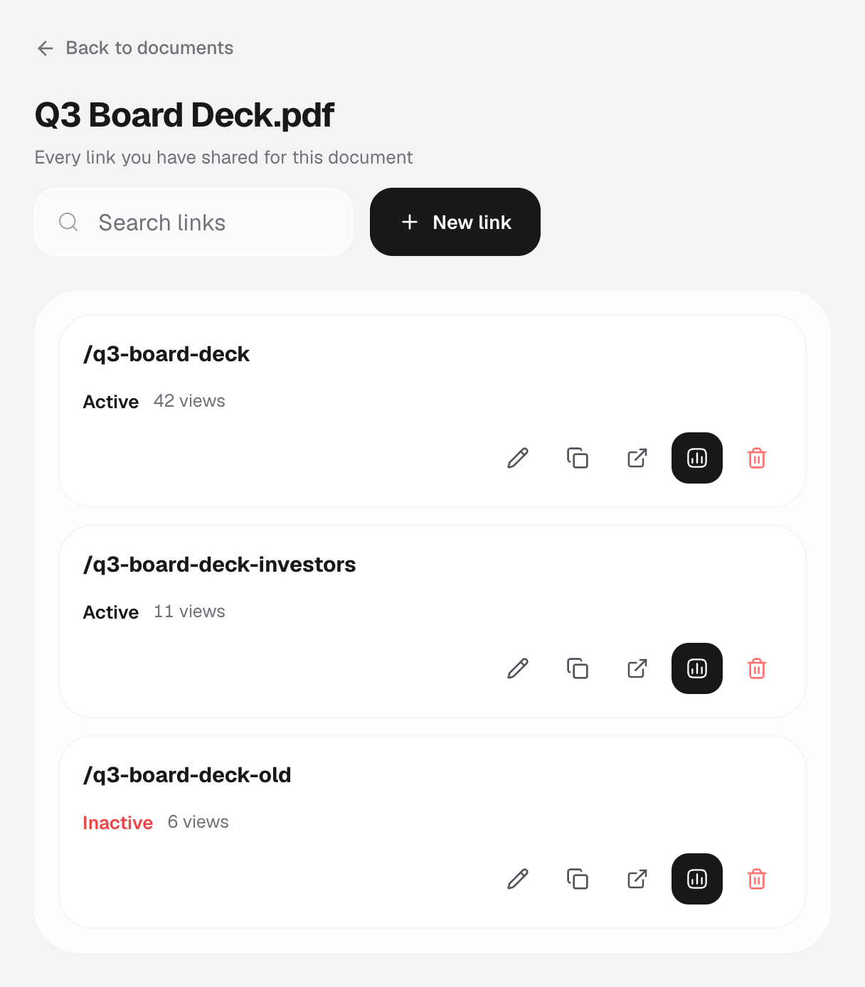 Document Links page listing three links with status and view counts